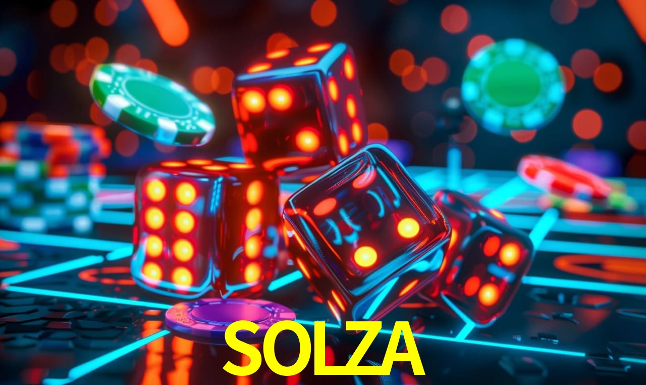 Una escena digital vívida inspirada en casino con SOLZA mostrado prominentemente, luces brillantes, fichas, cartas y acentos dorados.