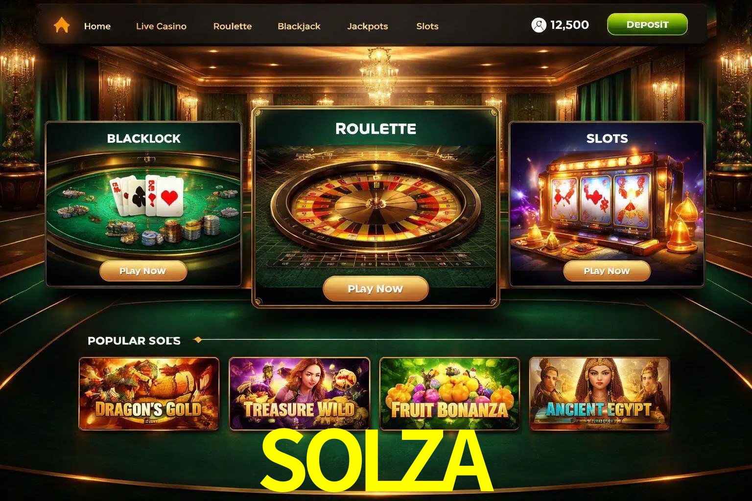 Vista de la plataforma SOLZA Casino mostrando categorías organizadas de juegos en línea